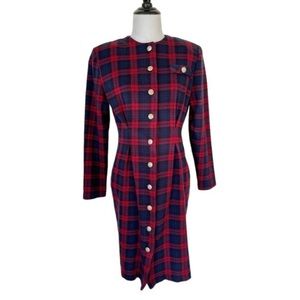 Vtg Miss Dorby Dress 8P Red Navy Tartan Plaid Button Up Preppy Retro School Girl